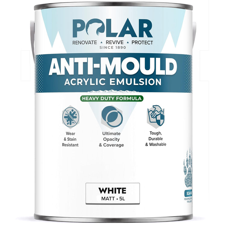 Polar Anti-Mould Acrylic Emulsion White Matt 5 Litre tin, heavy duty formula
