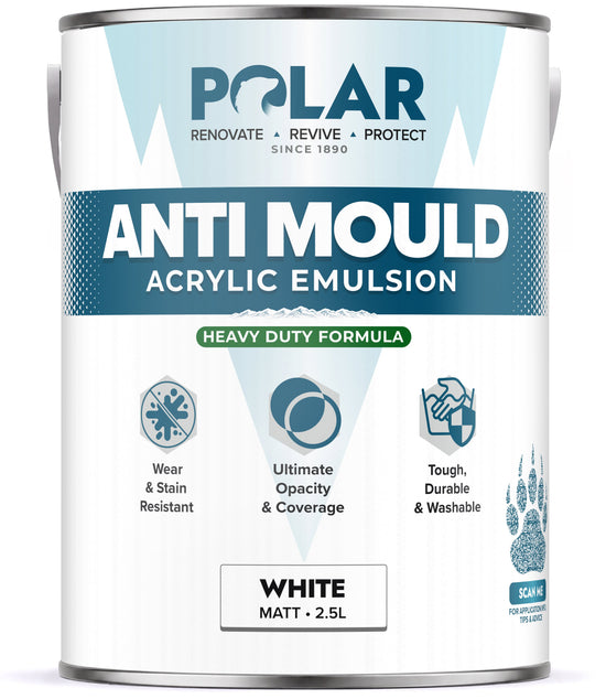 Polar Anti-Mould Acrylic Emulsion White Matt 2.5 Litre tin, heavy duty formula