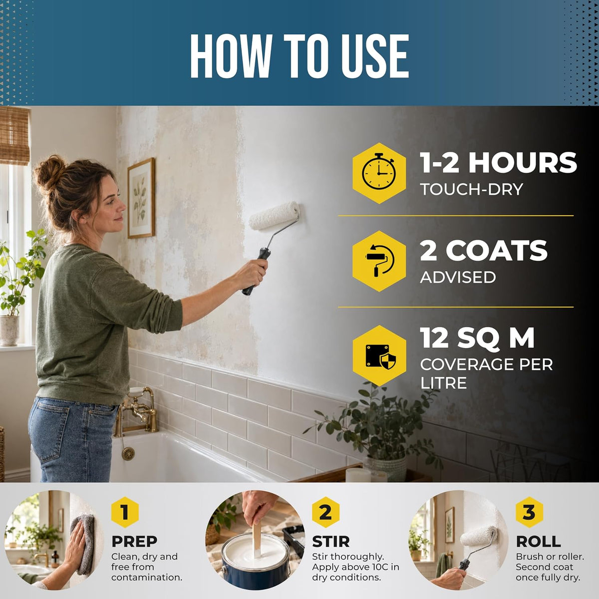 How to use Polar Bathroom Paint: touch dry in 1-2 hours, 2 coats advised, covers 12 square metres per litre