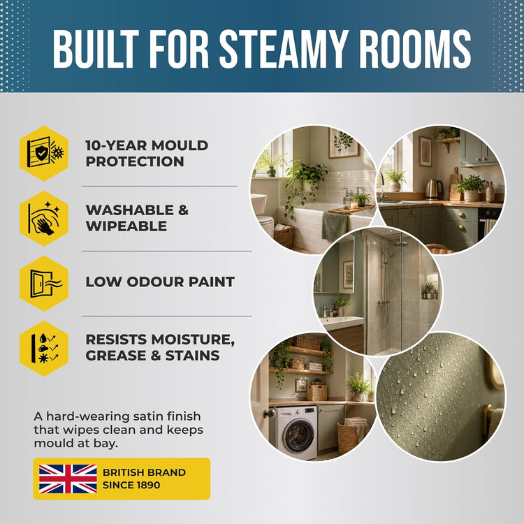 Polar Bathroom Paint built for steamy rooms: 10-year mould protection, washable and wipeable, low odour, resists moisture, grease and stains