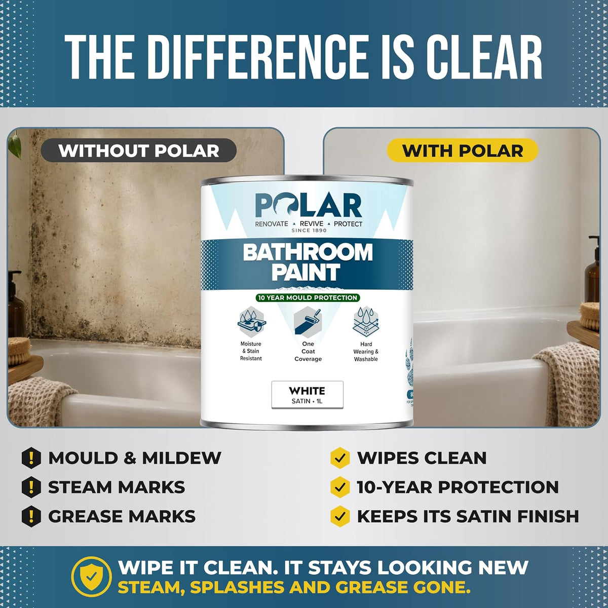 How much Polar Bathroom Paint you need: one 1 litre tin for 2-3 bathroom walls or a small WC, two tins for a full bathroom or en-suite