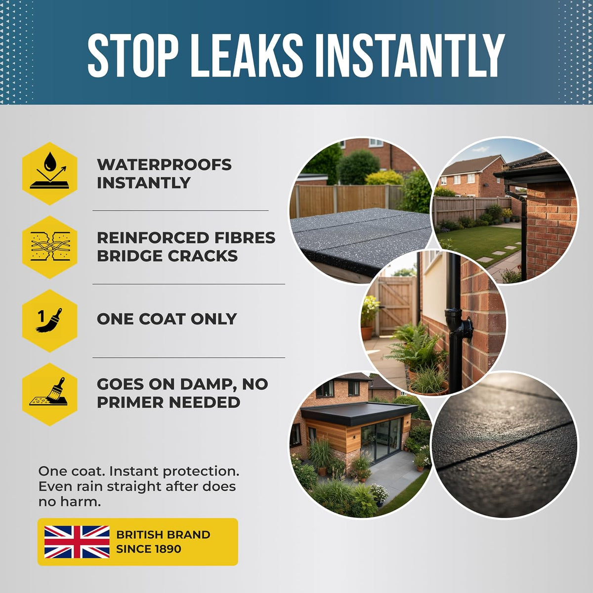 Polar LeakFix Fibred Roof Coating stops leaks instantly: waterproofs instantly, reinforced fibres bridge cracks, one coat only, goes on damp with no primer needed