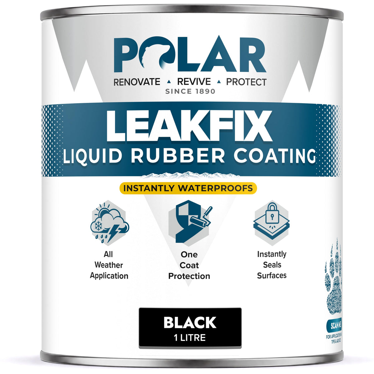 Polar LeakFix Liquid Rubber Coating black tin: instantly waterproofs, all weather application, one coat protection, instantly seals surfaces