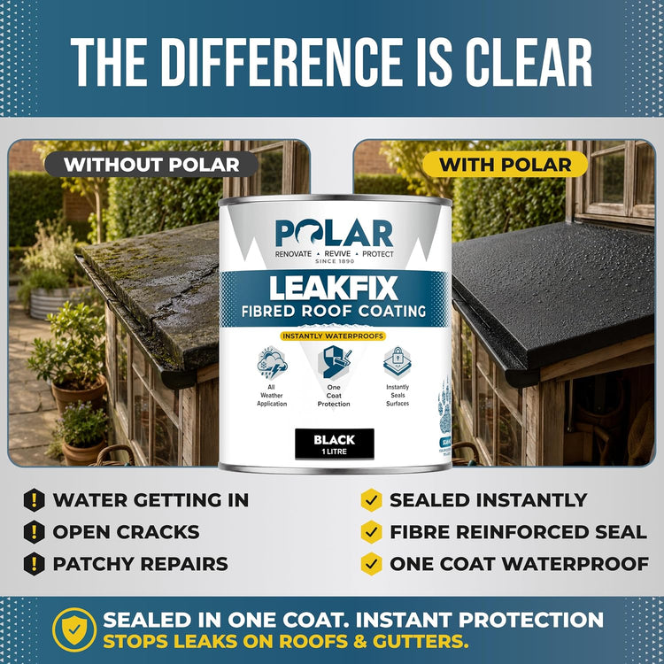 Shed roof before and after Polar LeakFix Fibred Roof Coating: sealed in one coat with a fibre reinforced seal
